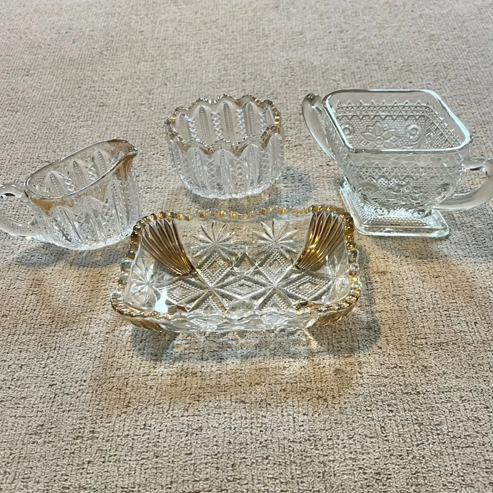 Vintage Pressed Glass Serving Gold Rimmed Dish Creamer Sugar Bowl 4 pieces